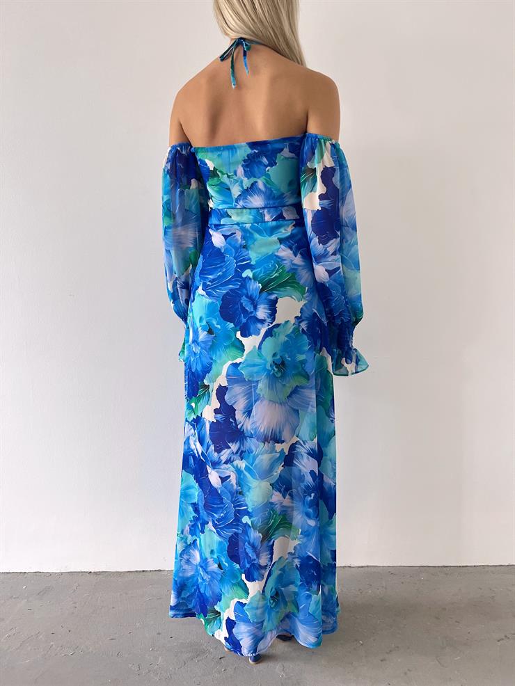 Şifon Boyundan Bağlamalı Desenli Düşük Kol Yırtmaçlı Sister Kadın Mavi Elbise 22Y000395