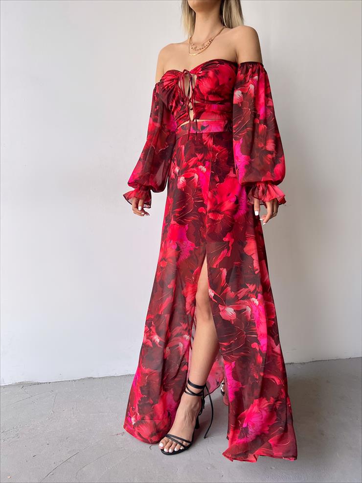 Şifon Boyundan Bağlamalı Desenli Düşük Kol Yırtmaçlı Sister Kadın Bordo Elbise 22Y000395