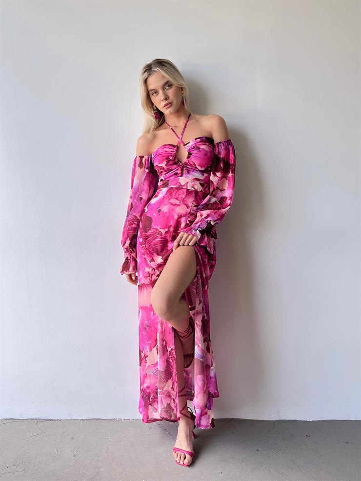 Şifon Boyundan Bağlamalı Desenli Düşük Kol Yırtmaçlı Sister Kadın Fuşya Elbise 22Y000395