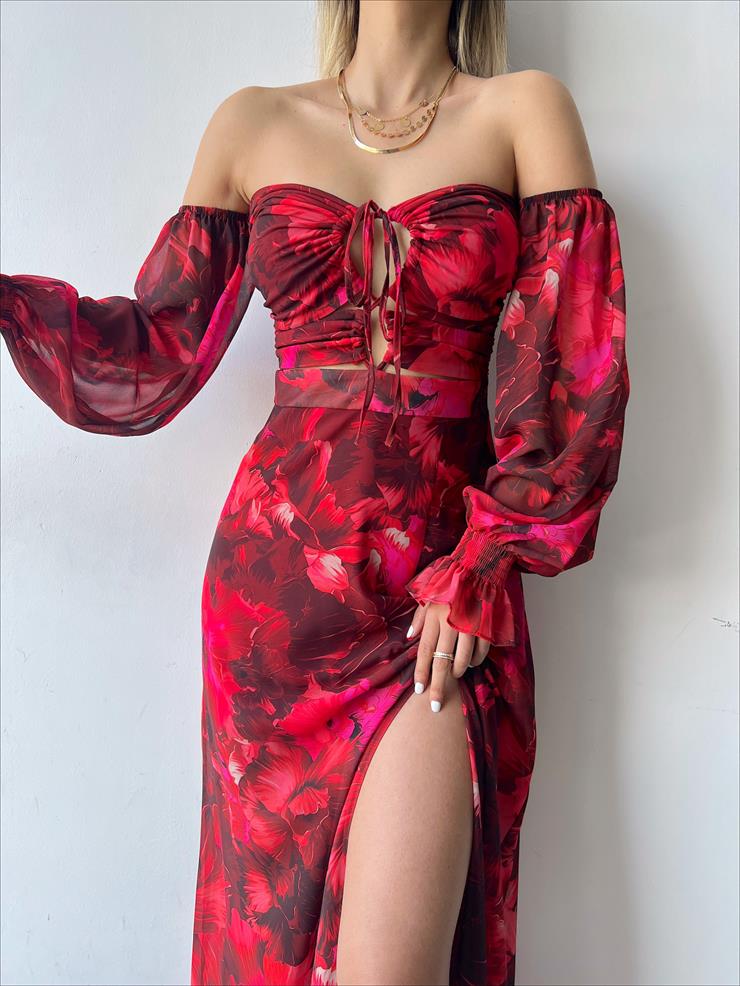 Şifon Boyundan Bağlamalı Desenli Düşük Kol Yırtmaçlı Sister Kadın Bordo Elbise 22Y000395