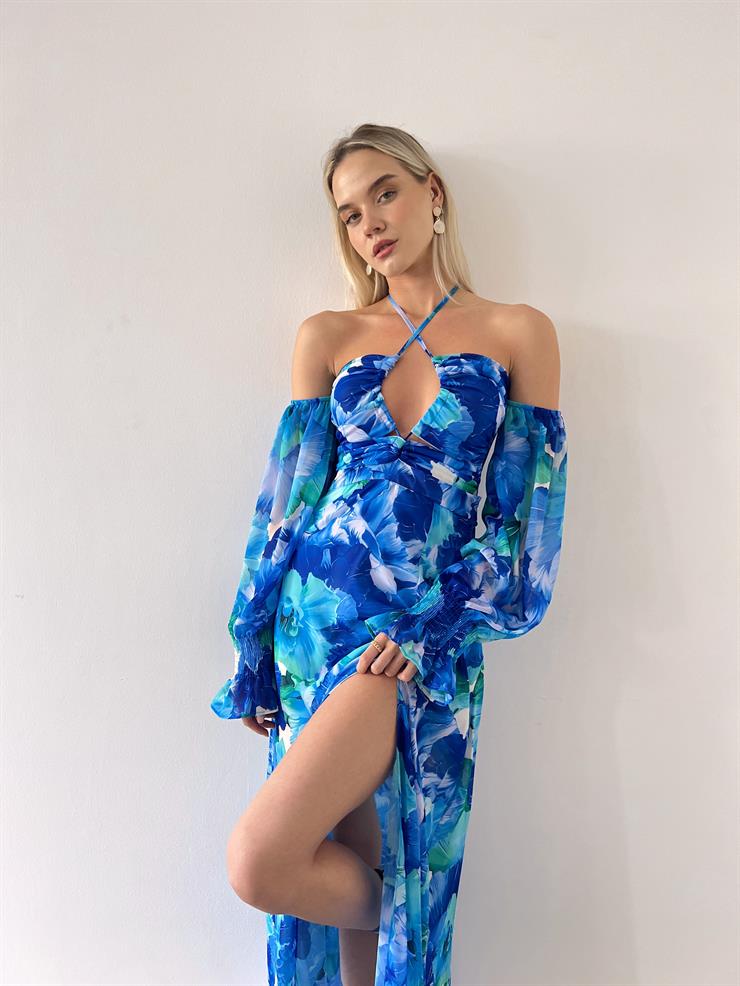 Şifon Boyundan Bağlamalı Desenli Düşük Kol Yırtmaçlı Sister Kadın Mavi Elbise 22Y000395