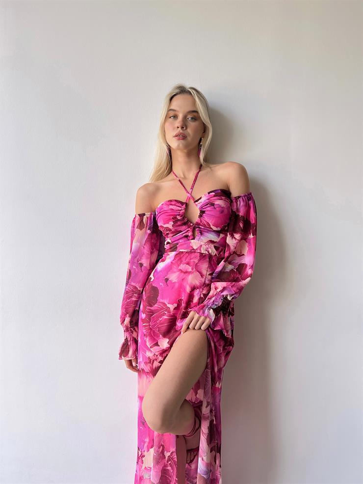 Şifon Boyundan Bağlamalı Desenli Düşük Kol Yırtmaçlı Sister Kadın Fuşya Elbise 22Y000395