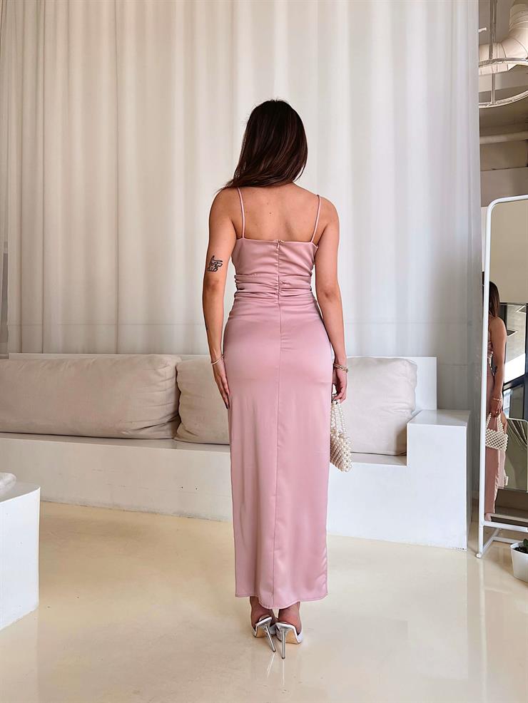 Askılı Beli Büzgülü Ve Oturtmalı Sıtar Pudra Kadın Yırtmaçlı Saten Elbise 25Y096