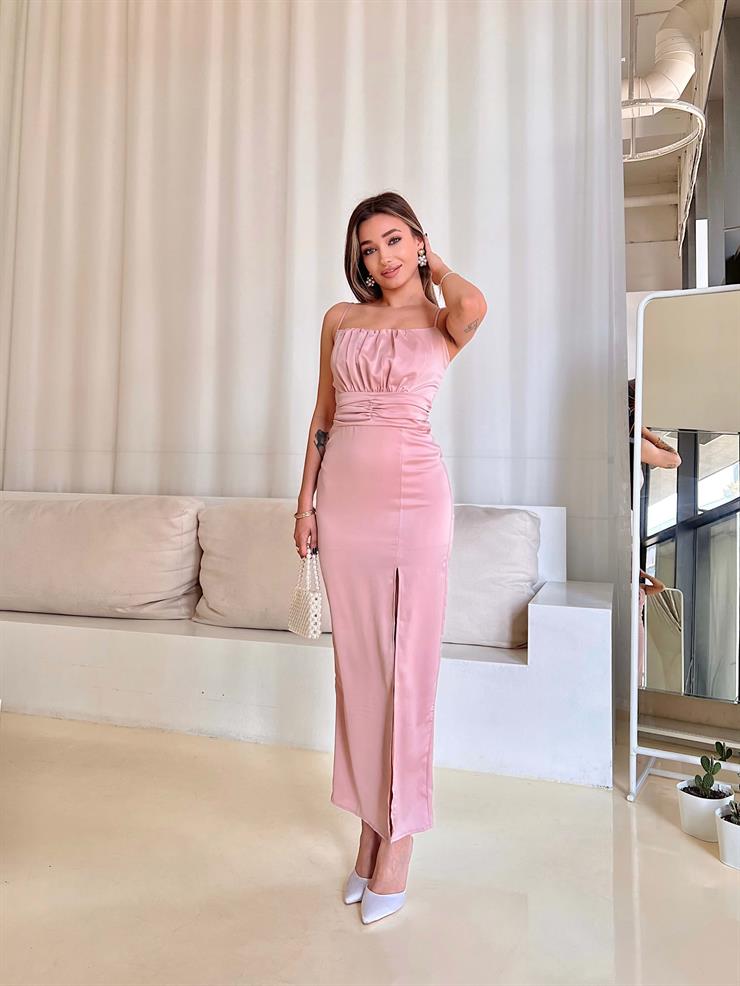 Askılı Beli Büzgülü Ve Oturtmalı Sıtar Pudra Kadın Yırtmaçlı Saten Elbise 25Y096