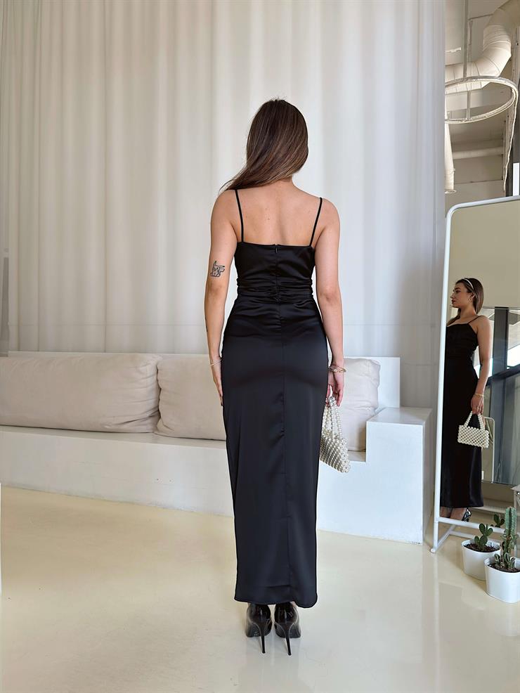 Askılı Beli Büzgülü Ve Oturtmalı Sıtar Siyah Kadın Yırtmaçlı Saten Elbise 25Y096