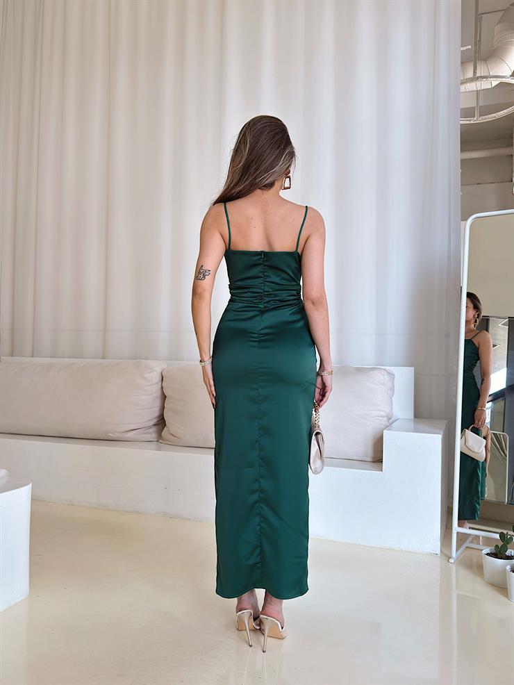 Askılı Beli Büzgülü Ve Oturtmalı Sıtar Zümrüt Kadın Yırtmaçlı Saten Elbise 25Y096
