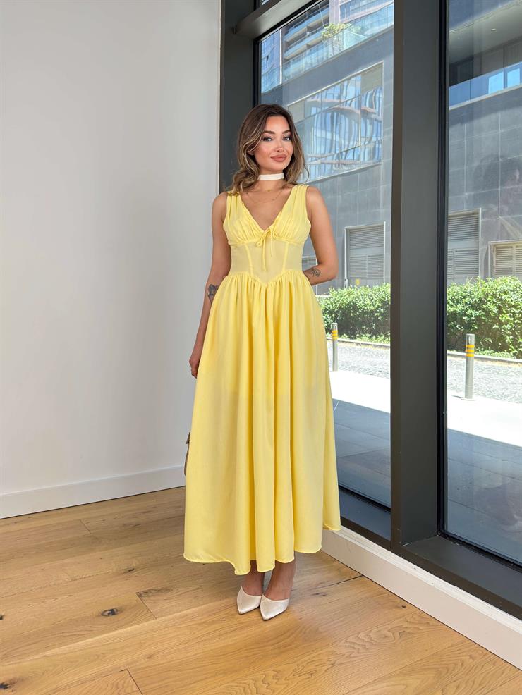 Askılı V Yaka Korse Görünümlü Sıtlen Sarı Kadın Elbise 25Y488