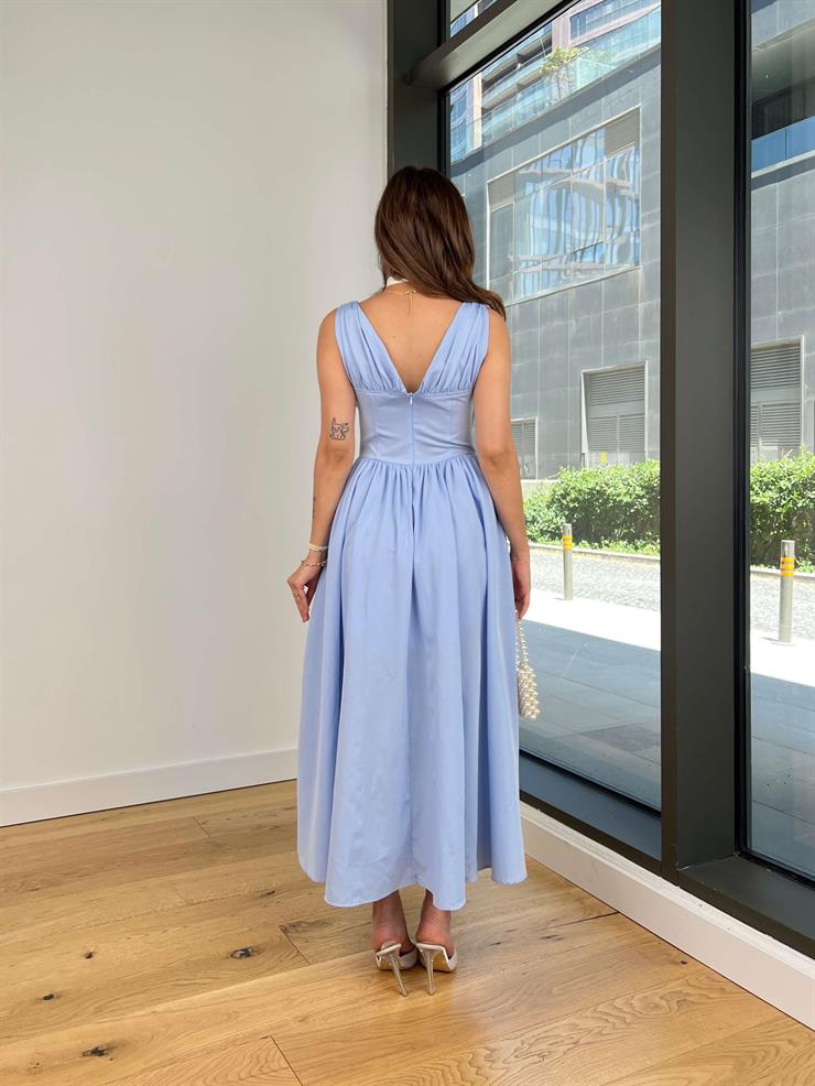 Askılı V Yaka Korse Görünümlü Sıtlen Mavi Kadın Elbise 25Y488