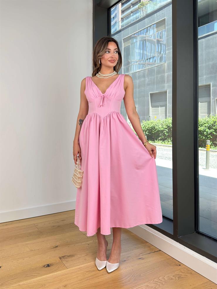 Askılı V Yaka Korse Görünümlü Sıtlen Pembe Kadın Elbise 25Y488