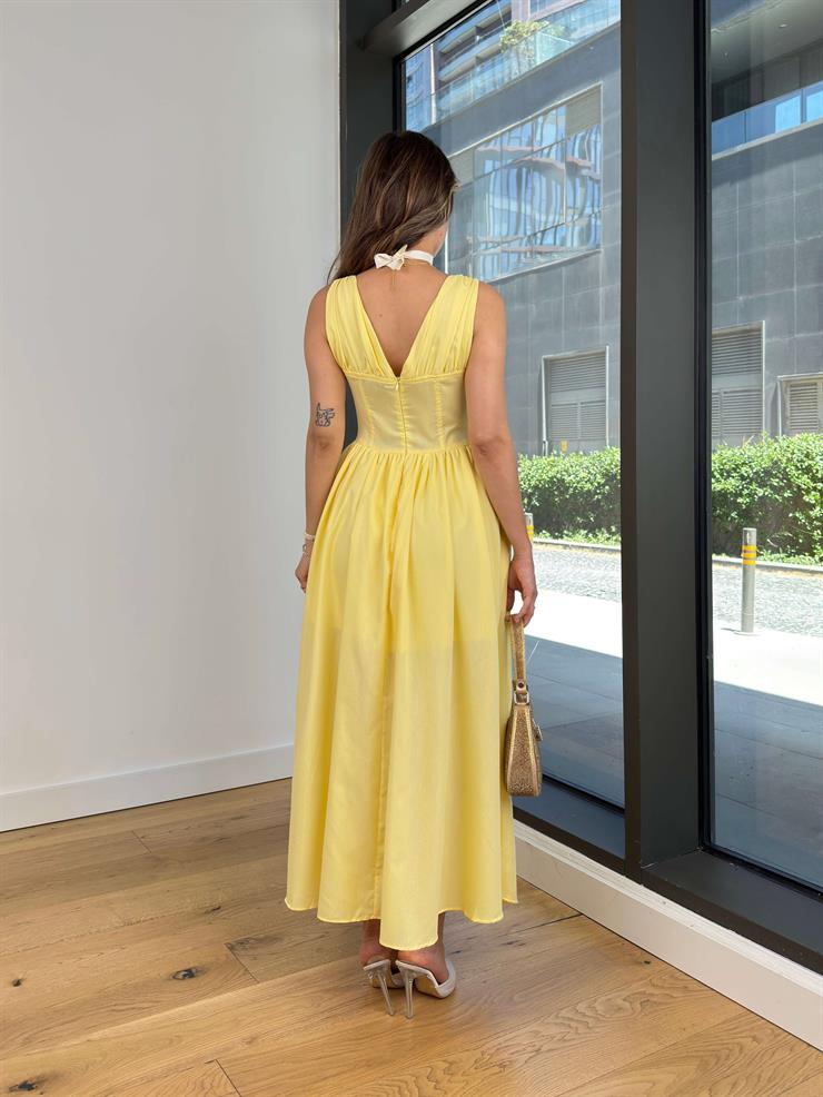 Askılı V Yaka Korse Görünümlü Sıtlen Sarı Kadın Elbise 25Y488
