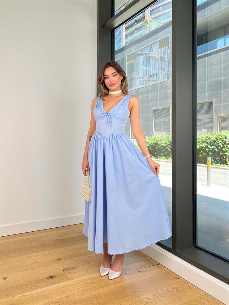 Askılı V Yaka Korse Görünümlü Sıtlen Mavi Kadın Elbise 25Y488