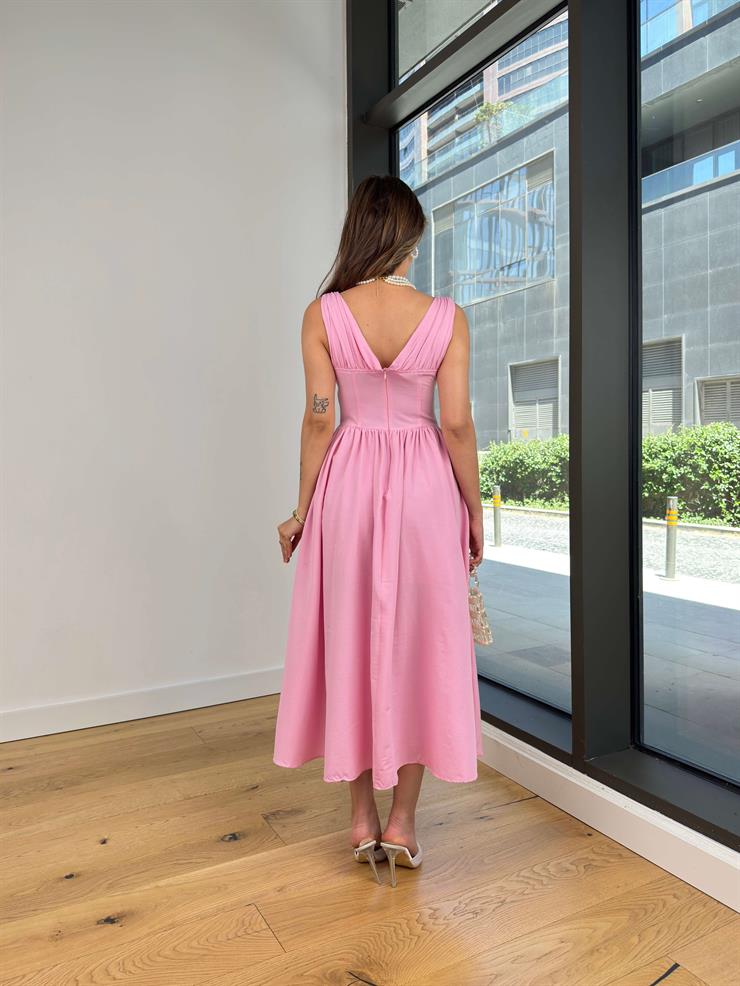 Askılı V Yaka Korse Görünümlü Sıtlen Pembe Kadın Elbise 25Y488