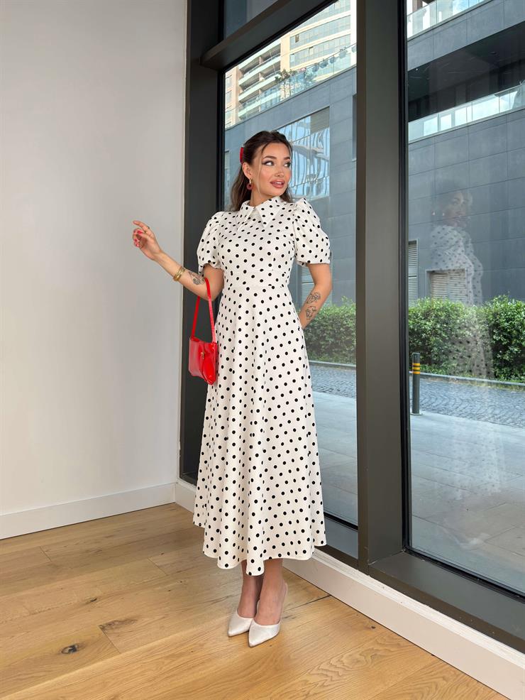 Yakalı Balon Kol Puantiyeli Sıton Beyaz Kadın Elbise 25Y111