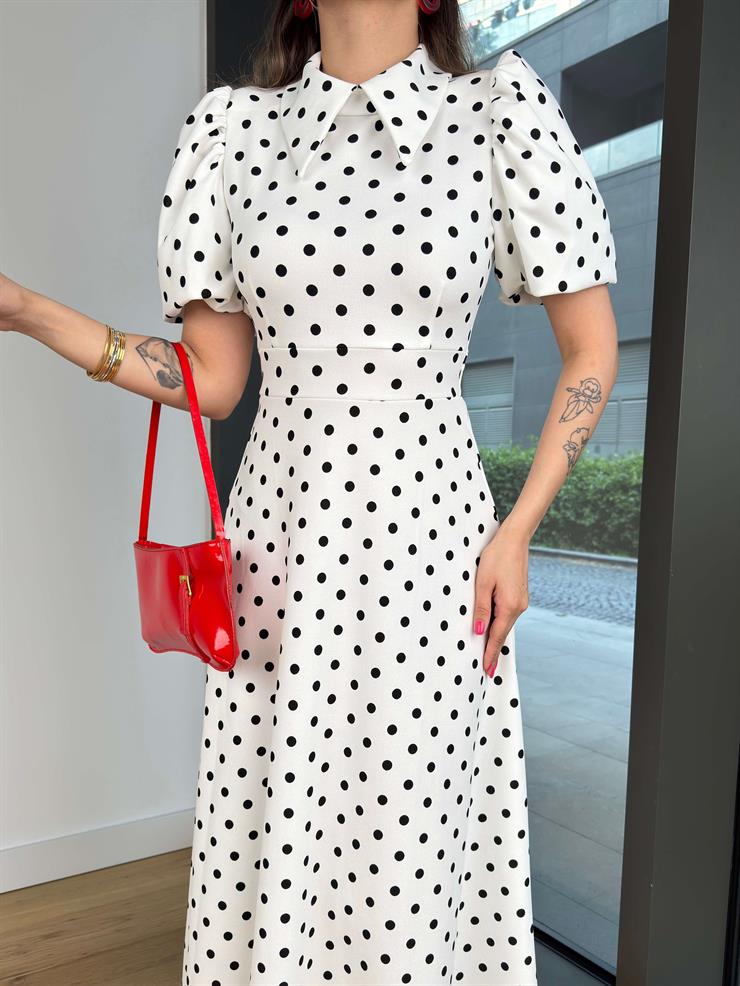 Yakalı Balon Kol Puantiyeli Sıton Beyaz Kadın Elbise 25Y111