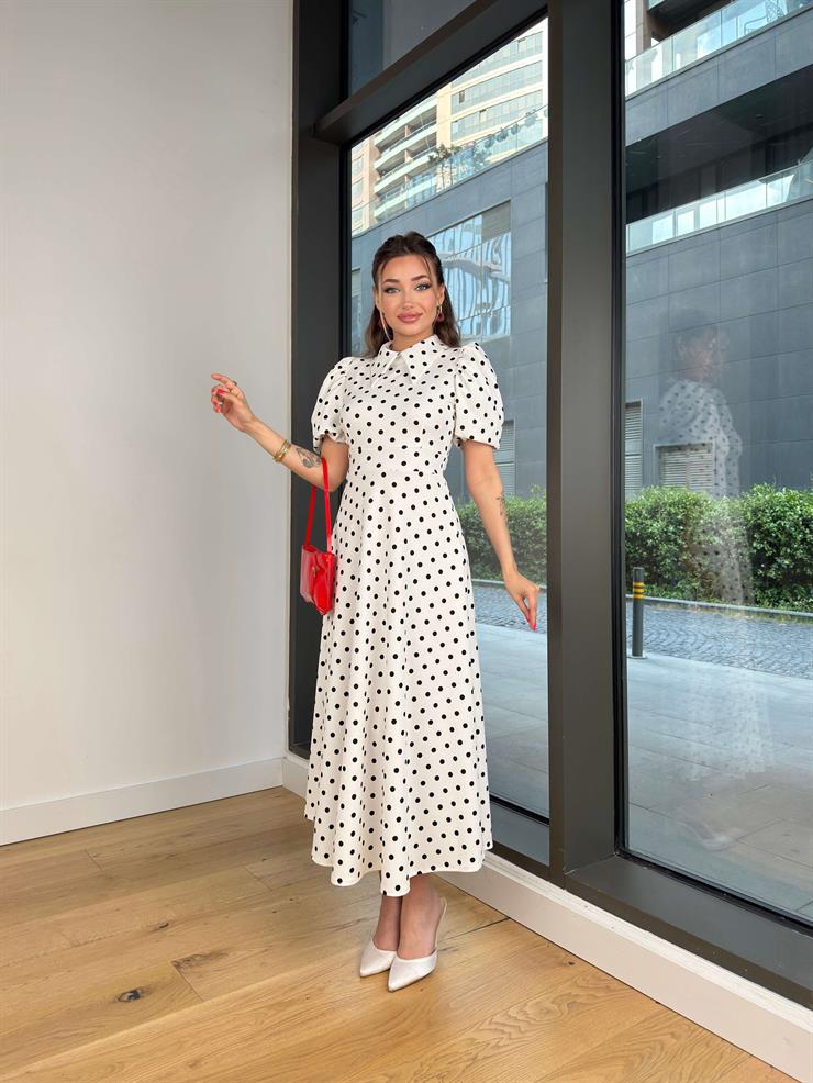 Yakalı Balon Kol Puantiyeli Sıton Beyaz Kadın Elbise 25Y111