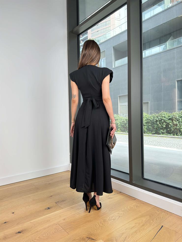 Kolsuz Belden Bağlamalı Sıtor Siyah Kadın Elbise 25Y112