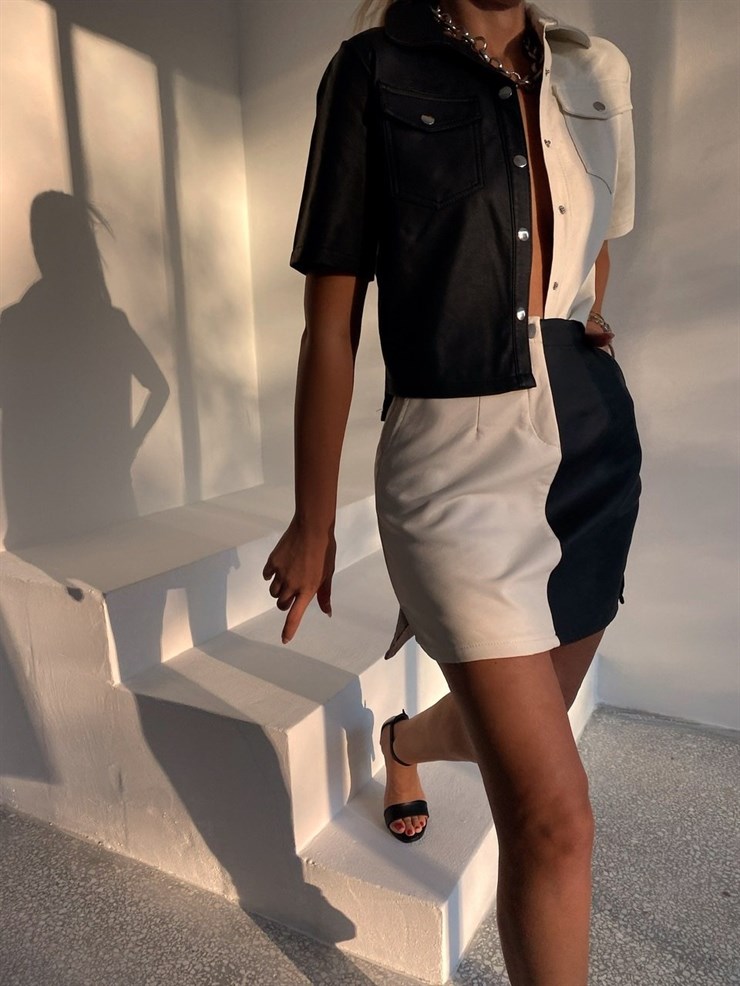 Siyh Beyaz Çift Renkli Deri Kadın Siyah Etek 22K000083