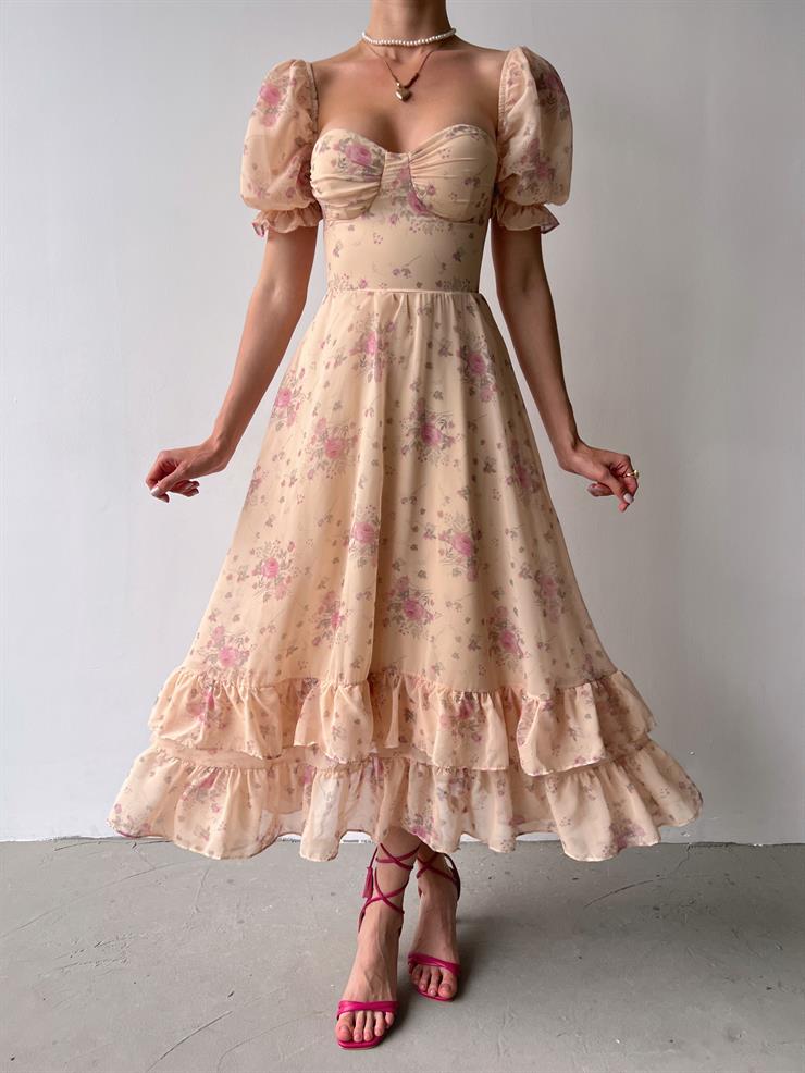 Balon Kol Göğüs Kısmı Büzgü Detaylı Etek Ucu Fırfır Detaylı Sofi Kadın Vizon Şifon Elbise 23Y000469