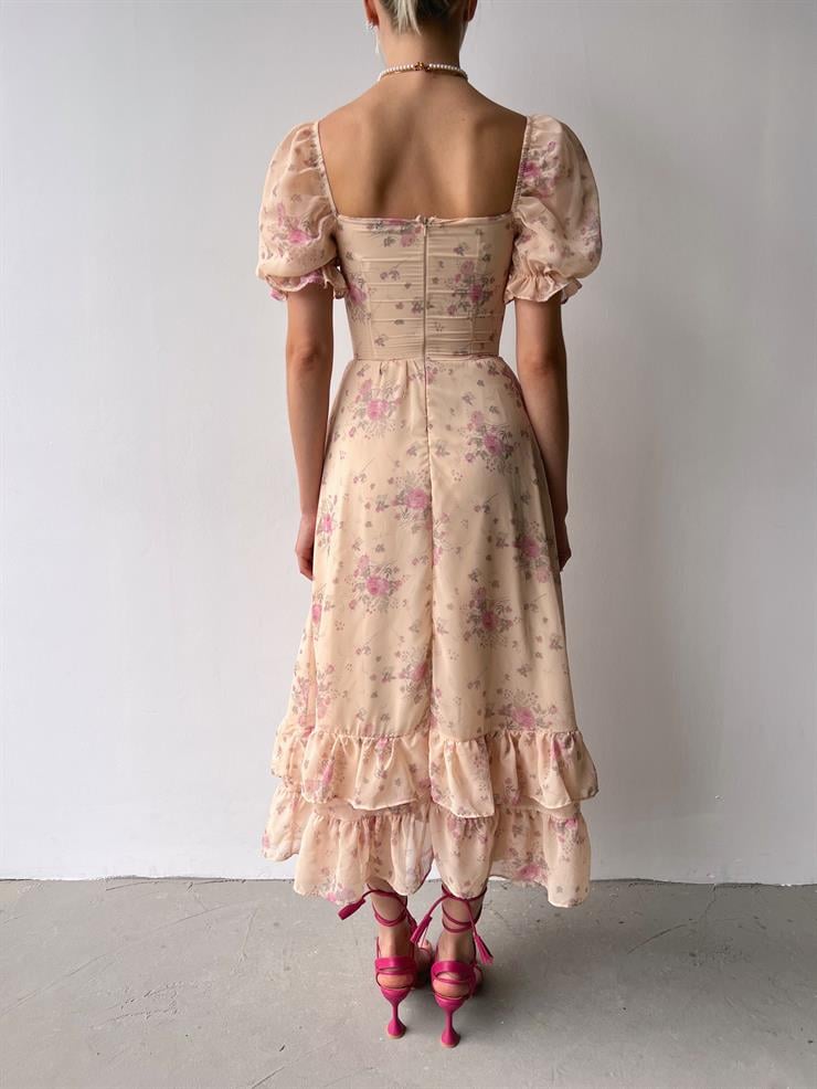 Balon Kol Göğüs Kısmı Büzgü Detaylı Etek Ucu Fırfır Detaylı Sofi Kadın Vizon Şifon Elbise 23Y000469