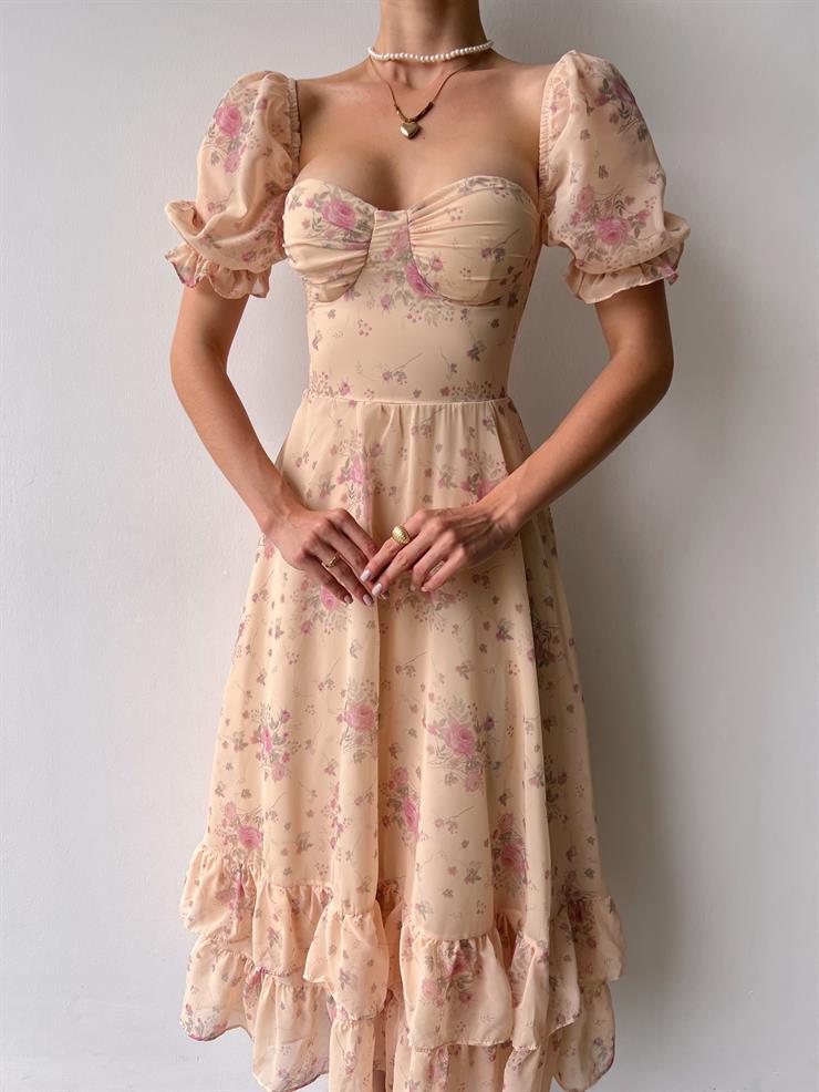 Balon Kol Göğüs Kısmı Büzgü Detaylı Etek Ucu Fırfır Detaylı Sofi Kadın Vizon Şifon Elbise 23Y000469