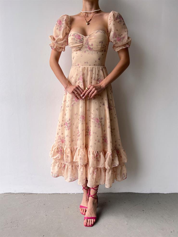 Balon Kol Göğüs Kısmı Büzgü Detaylı Etek Ucu Fırfır Detaylı Sofi Kadın Vizon Şifon Elbise 23Y000469