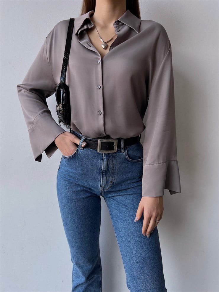 Düğme Kapamalı Sofia Kadın Gri Saten Gömlek 23K000380