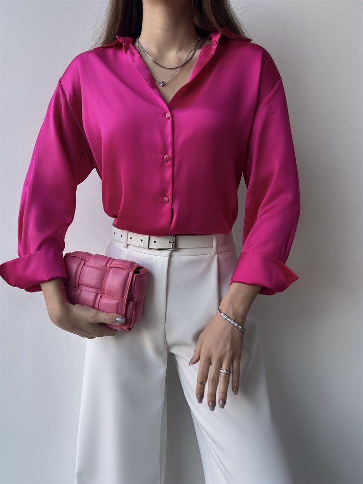 Düğme Kapamalı Sofia Kadın Fuşya Saten Gömlek 23K000380