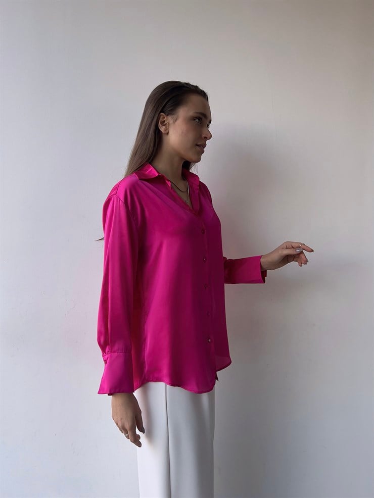 Düğme Kapamalı Sofia Kadın Fuşya Saten Gömlek 23K000380