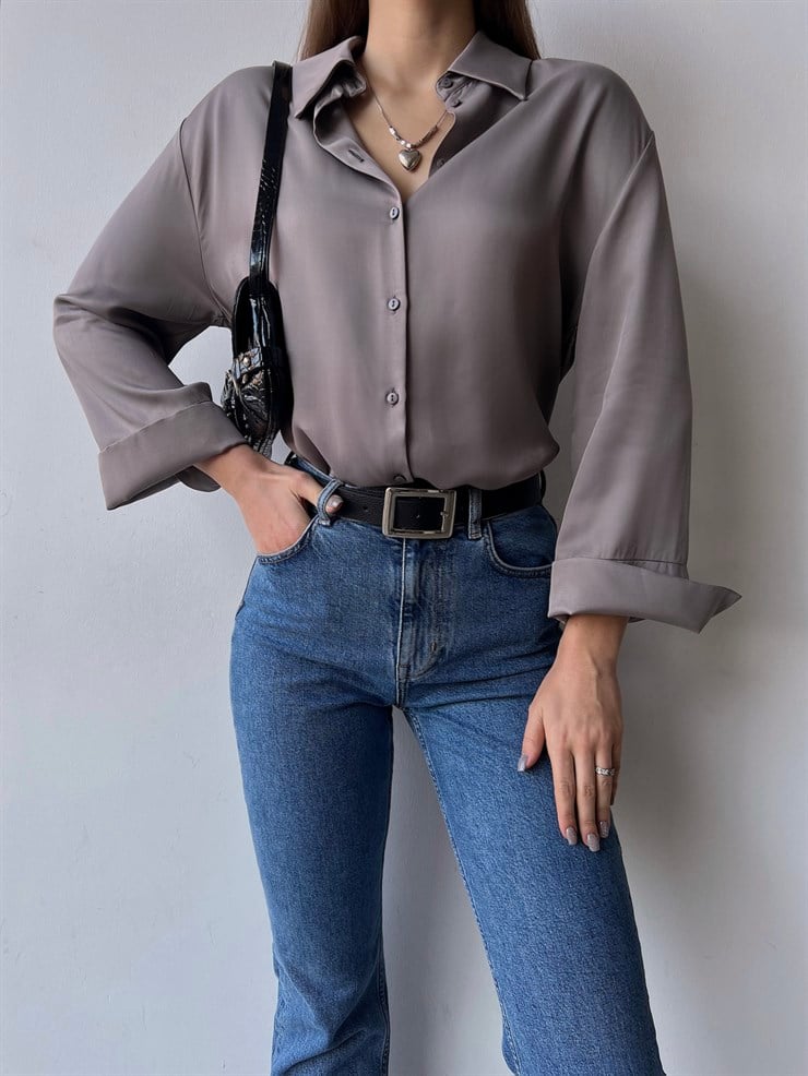 Düğme Kapamalı Sofia Kadın Gri Saten Gömlek 23K000380