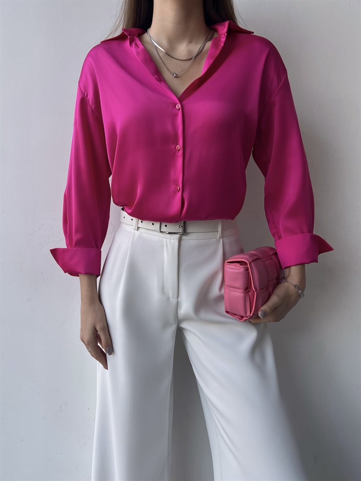 Düğme Kapamalı Sofia Kadın Fuşya Saten Gömlek 23K000380