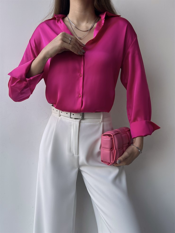 Düğme Kapamalı Sofia Kadın Fuşya Saten Gömlek 23K000380