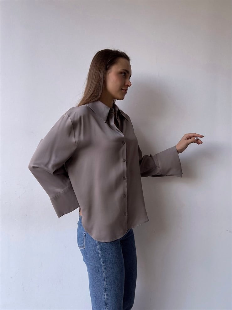 Düğme Kapamalı Sofia Kadın Gri Saten Gömlek 23K000380