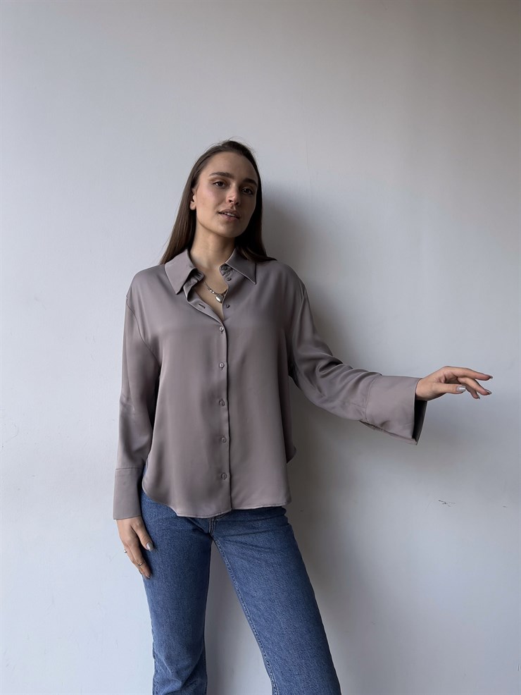 Düğme Kapamalı Sofia Kadın Gri Saten Gömlek 23K000380