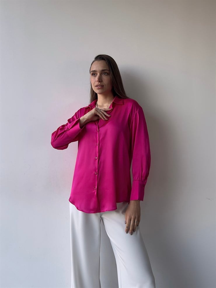 Düğme Kapamalı Sofia Kadın Fuşya Saten Gömlek 23K000380