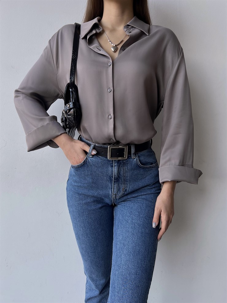 Düğme Kapamalı Sofia Kadın Gri Saten Gömlek 23K000380