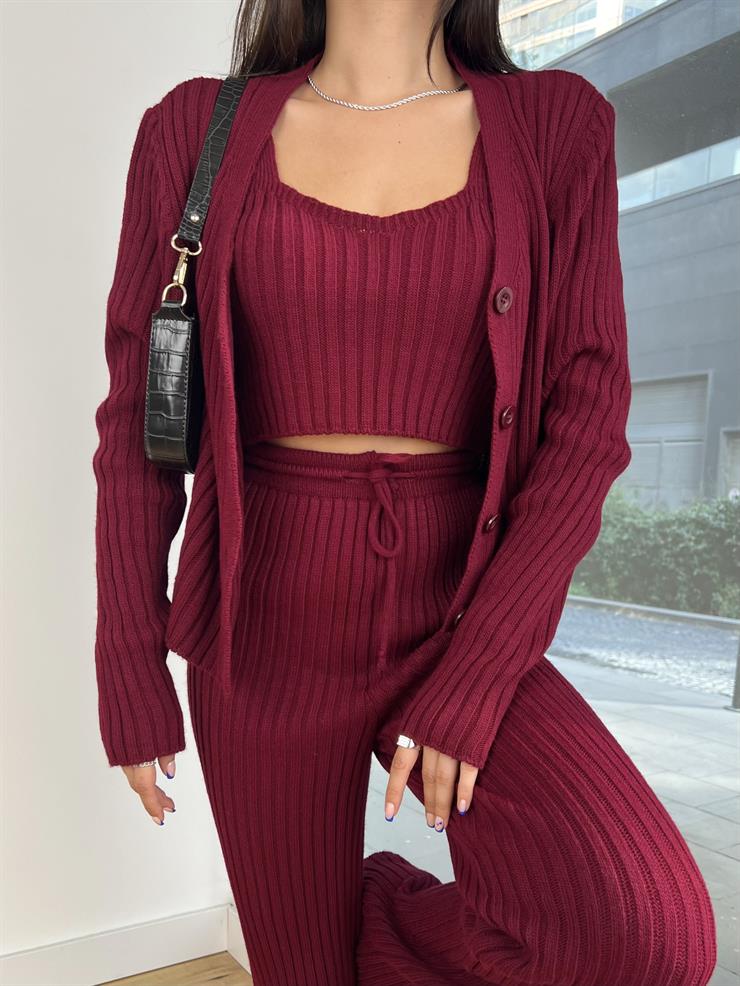 Önü Düğmeli Hırka Crop Yüksek Bel Pantolon Sofiane Kadın Bordo Üçlü Triko Takım 25K117