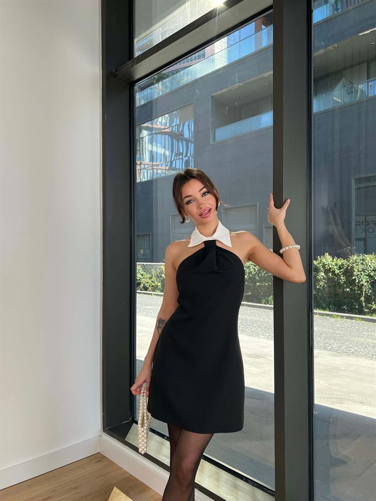 Gömlek Yaka Kolsuz Sohaib Kadın Siyah Mini Elbise 24Y045