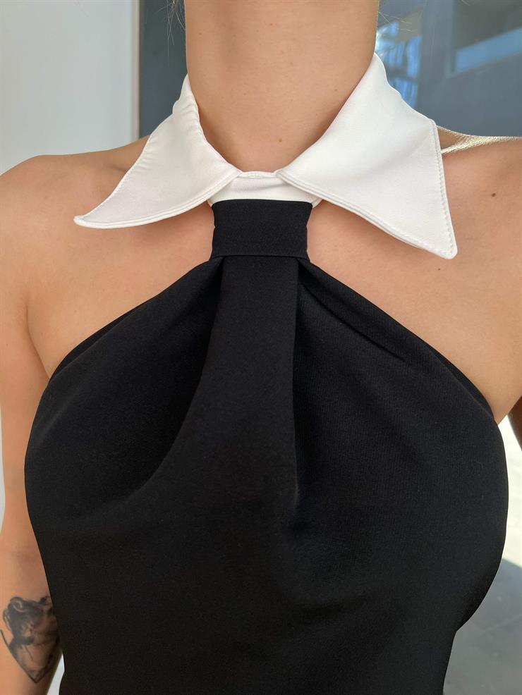 Gömlek Yaka Kolsuz Sohaib Kadın Siyah Mini Elbise 24Y045