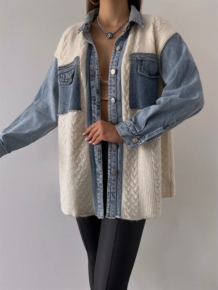 Ön Düğme Kapamalı Kot Detay Solamon Kadın Ekru Gömlek Ceket 23K000261