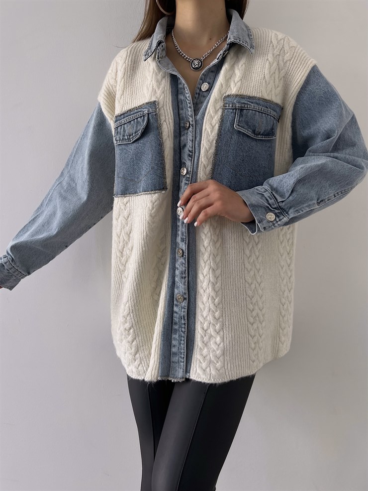 Ön Düğme Kapamalı Kot Detay Solamon Kadın Ekru Gömlek Ceket 23K000261