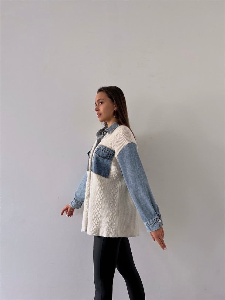 Ön Düğme Kapamalı Kot Detay Solamon Kadın Ekru Gömlek Ceket 23K000261