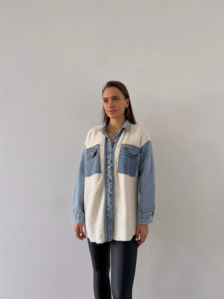 Ön Düğme Kapamalı Kot Detay Solamon Kadın Ekru Gömlek Ceket 23K000261