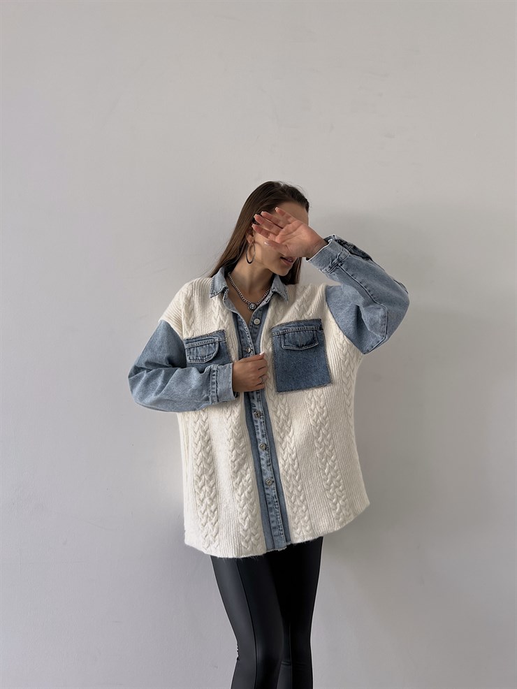 Ön Düğme Kapamalı Kot Detay Solamon Kadın Ekru Gömlek Ceket 23K000261