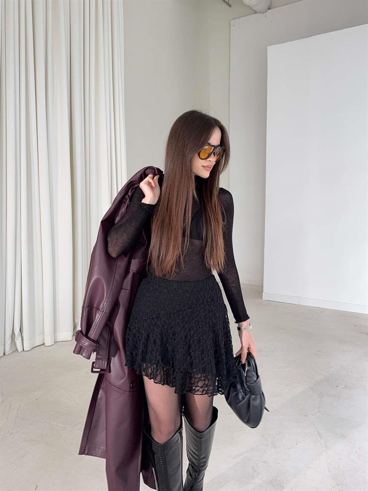 Dantelli Mini Solder Siyah Kadın Şort Etek 26K388