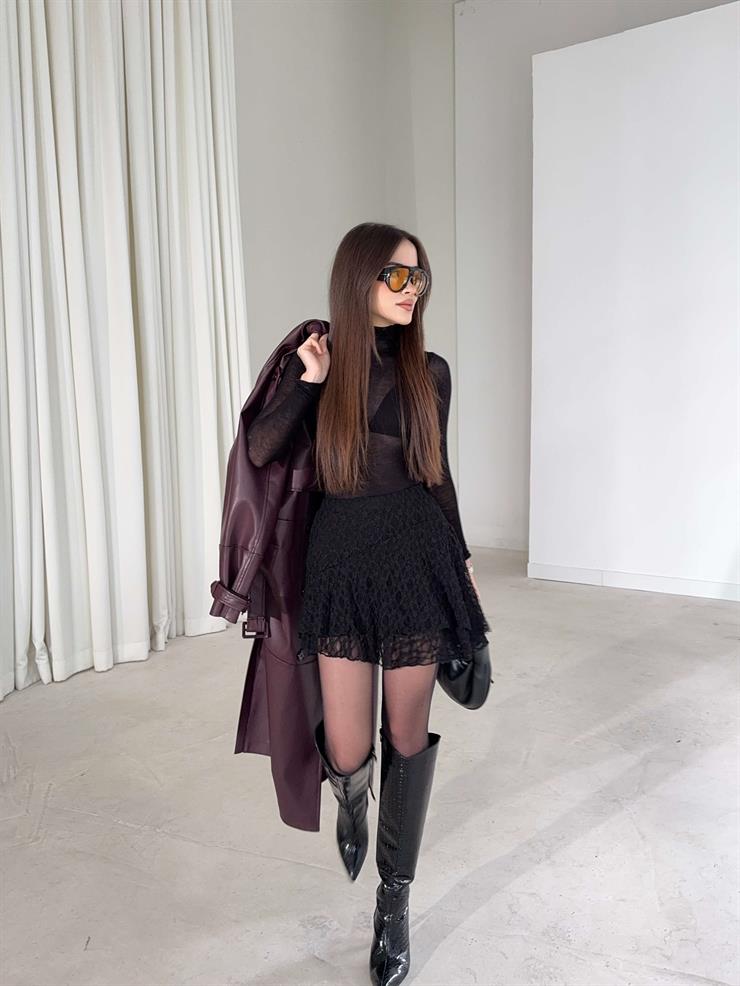 Dantelli Mini Solder Siyah Kadın Şort Etek 26K388