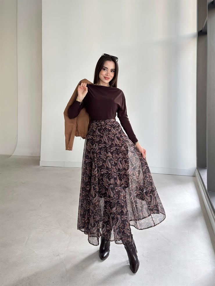 Desenli Şifon Yüksek Bel Sophia Kahve Kadın Etek 26K366
