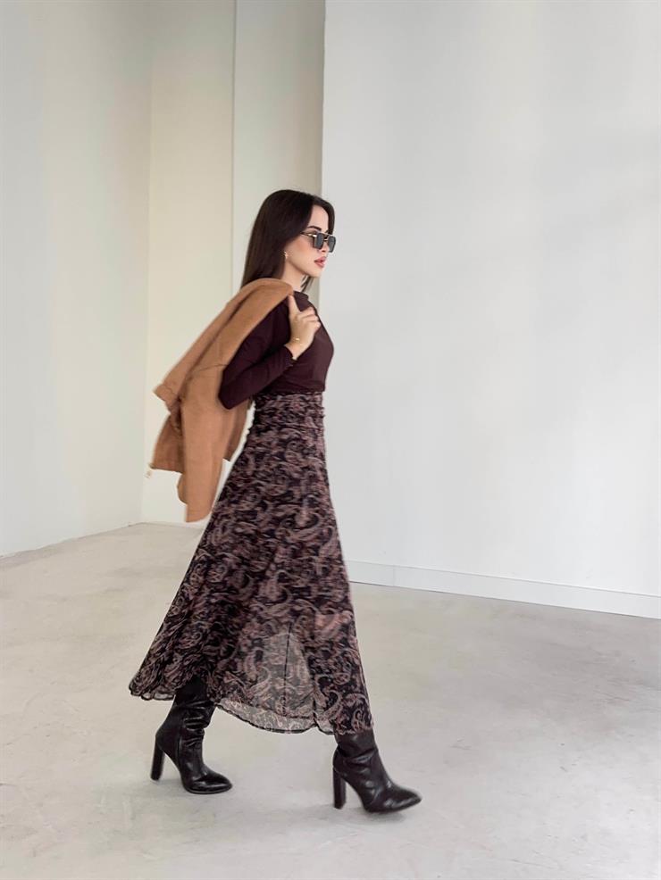 Desenli Şifon Yüksek Bel Sophia Kahve Kadın Etek 26K366