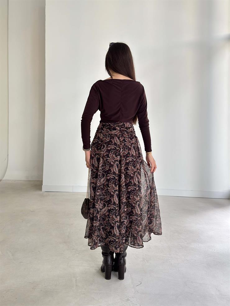 Desenli Şifon Yüksek Bel Sophia Kahve Kadın Etek 26K366