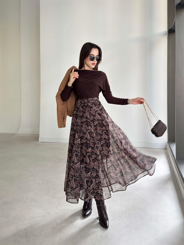 Desenli Şifon Yüksek Bel Sophia Kahve Kadın Etek 26K366