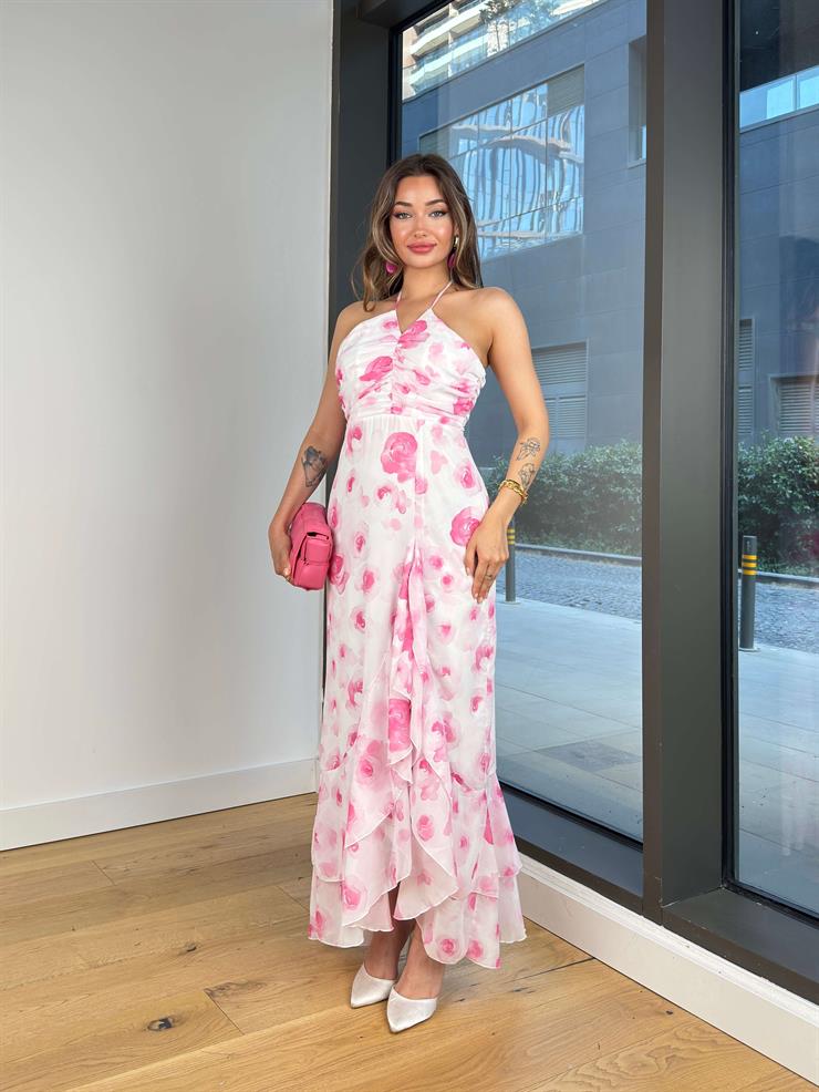 Boyundan Bağlamalı Askı Drapeli Sörfen Pembe Kadın Desenli Elbise 25Y486